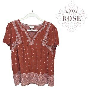 Knox Rose Boho Embroidered Blouse XL Rust Floral Peasant Top